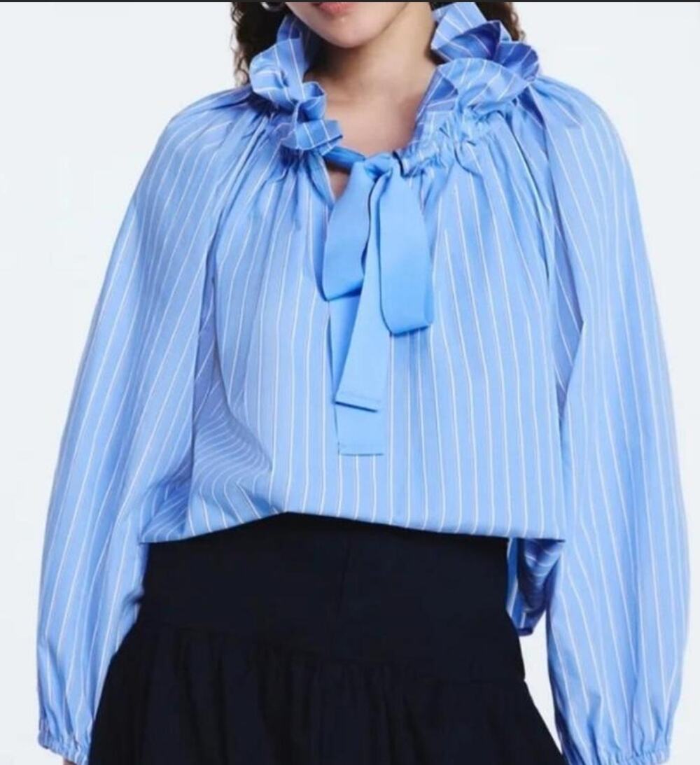 Free Assembly Ruffle NeckTie Blue Pinstripe Cotton Blouse L Parisian Effortless